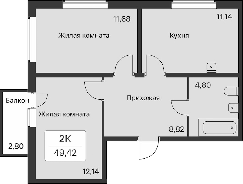 2-комнатная квартира 49.42 м², 9/9 эт., ЖК «Расцветай в Янино»